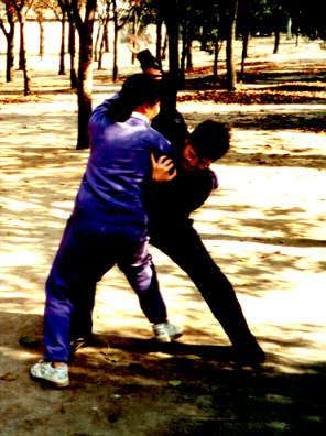 a woman and man practice tai chi by pushing each others hands and their internal power
